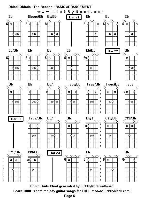 Chord Grids Chart of chord melody fingerstyle guitar song-Obladi Oblada - The Beatles - BASIC ARRANGEMENT,generated by LickByNeck software.